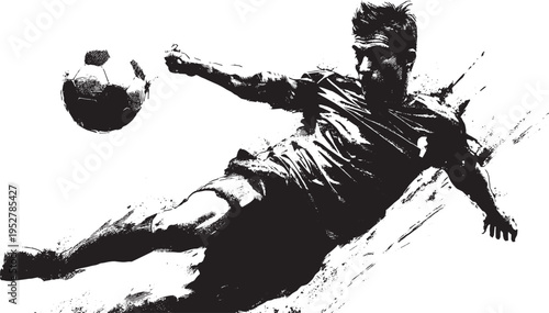 Silhouette illustration of a soccer player taking a volley; vector background.