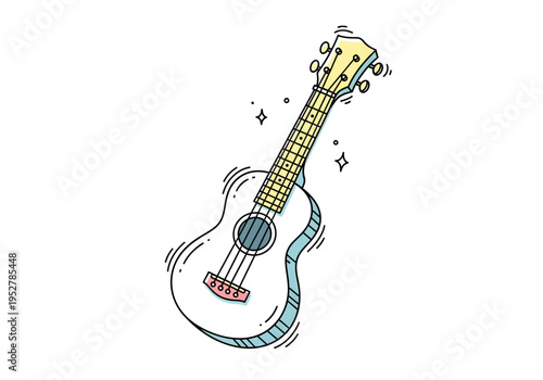A stylized drawing of a fourstringed ukulele with light blue and yellow accents on a white background