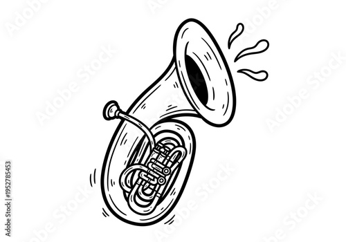 Black and white cartoon illustration of a tuba playing with sound waves