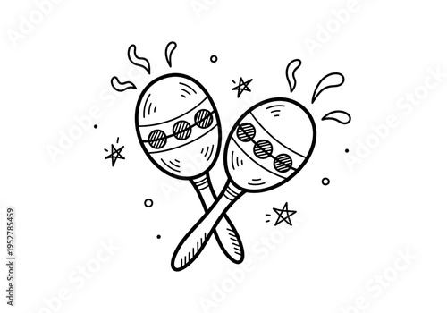 Black and white doodle of two crossed maracas surrounded by small shapes