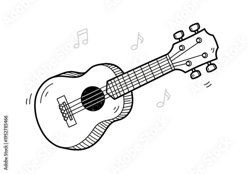 Black and white doodle drawing of a ukulele with musical notes