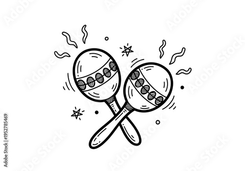 Black and white doodle of two crossed maracas with surrounding motion lines and stars