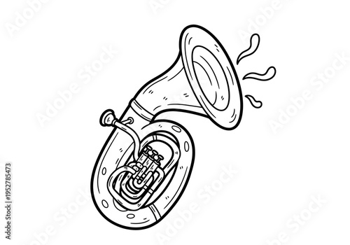 Black and white line art drawing of a tuba playing with sound waves