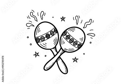 Black and white drawing of two crossed maracas with musical motion effects