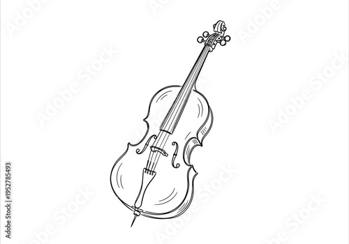 Black and white line drawing of a cello instrument viewed slightly from the side