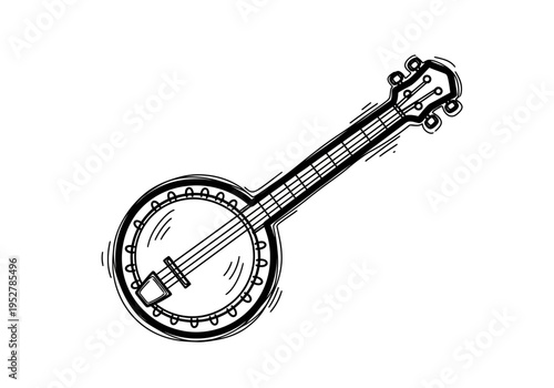 Black and white line drawing of a banjo viewed diagonally from the body to the headstock