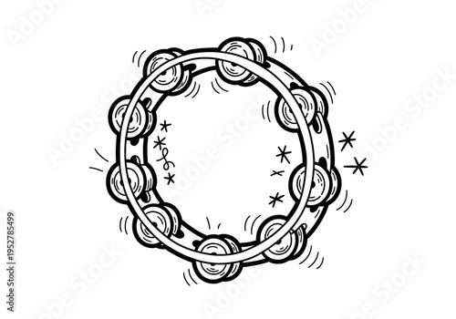 Black and white drawing of a tambourine in motion with sound symbols