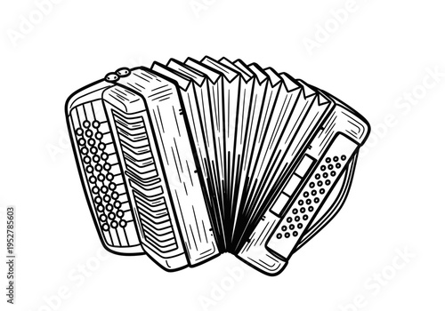 Black and white line drawing of a squeezebox style accordion with bellows extended