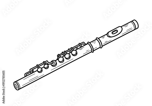 Black and white line drawing of a transverse flute body angled diagonally