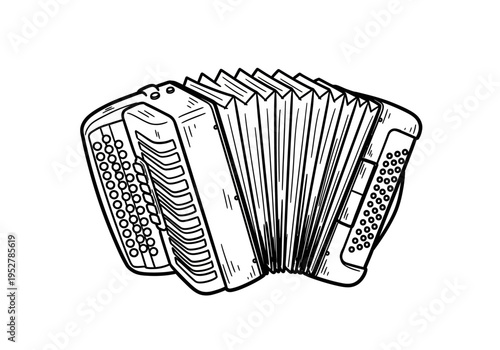 Black and white line drawing of an accordion with bellows extended