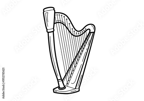 Black and white line drawing of a vertical harp musical instrument