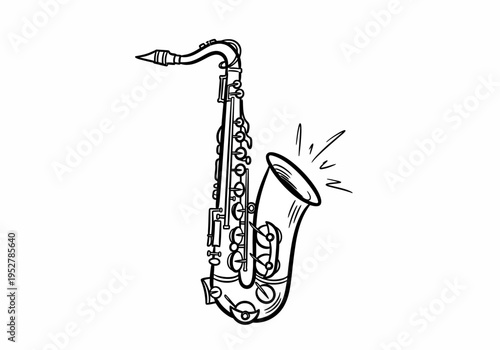 Black and white line drawing of an alto saxophone emitting sound waves