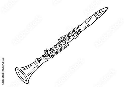 Black and white outline drawing of a clarinet angled diagonally