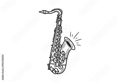 Black and white line drawing of an alto saxophone with sound lines near the bell