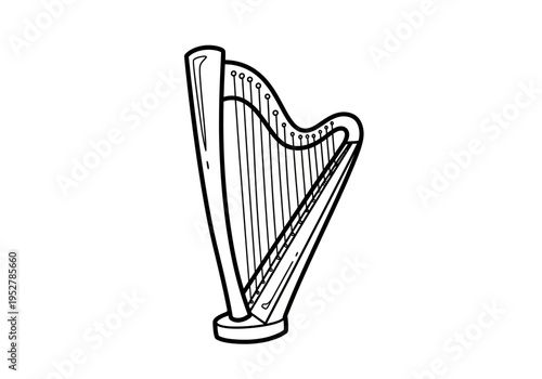 Black and white outline drawing of a classical concert harp with many strings