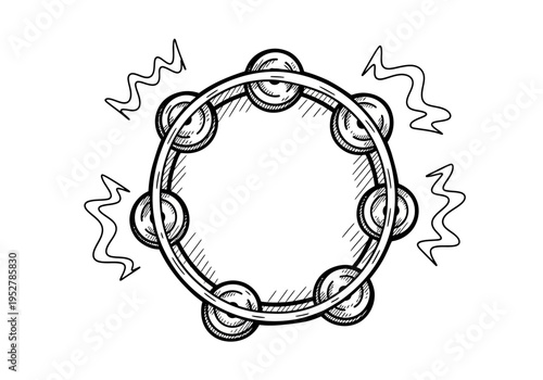 Black and white sketch of a tambourine with motion lines