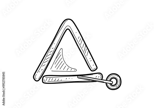 Black and white sketch of a triangle musical instrument and striker