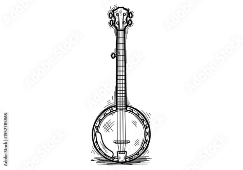 Black and white sketch of a fivestring banjo viewed from the front