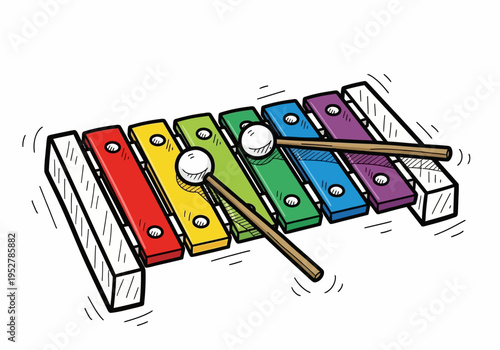 Cartoon xylophone with two mallets striking the colored bars