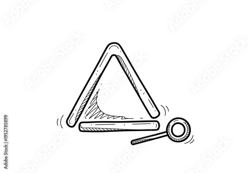 Handdrawn black and white icon of a triangle percussion instrument and a beater