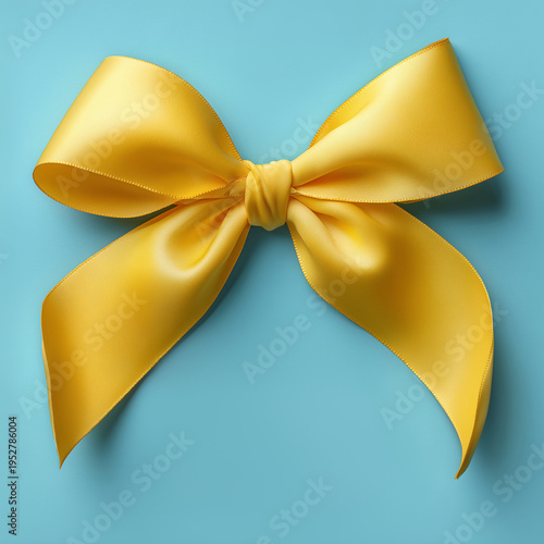 Close-up of glossy yellow satin bow against a light blue background, spring and Easter theme