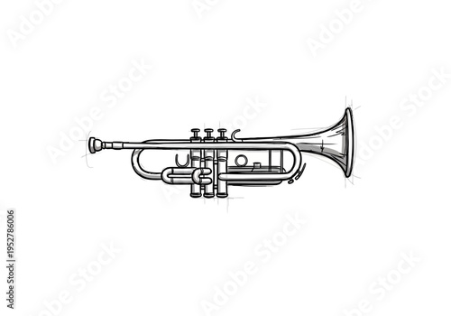 Sketch drawing of a Bflat trumpet viewed from the side isolated on white