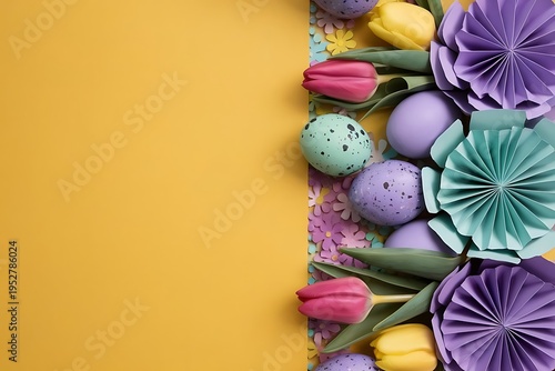Colorful vertical border with Easter eggs and tulips on vibrant yellow background

