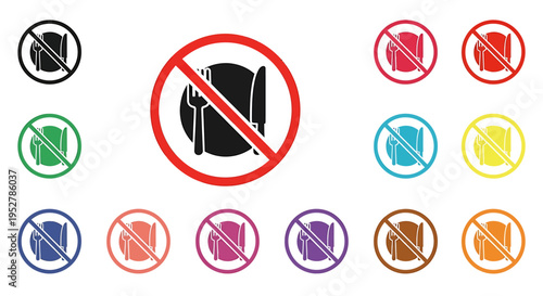 Collection of 'no eating' or 'no food' prohibition signs in various colors, indicating restrictions and rules.