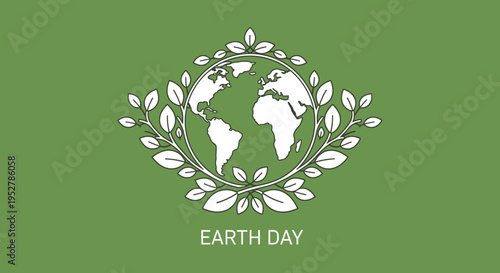 Stylized illustration of Earth globe surrounded by green leaves with 'EARTH DAY' text on a solid green background, symbolizing environmental protection.