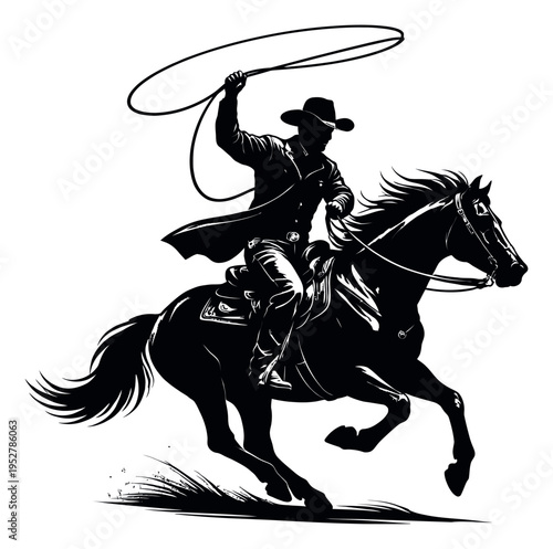 Line art illustration of a cowboy on a horse depicting throwing a lasso for western themed designs