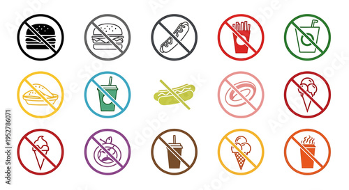A vibrant collection of 'no food' and 'no drink' prohibition signs, featuring common fast food items like burgers, fries, soda, and ice cream, indicating dietary restrictions or forbidden consumption.