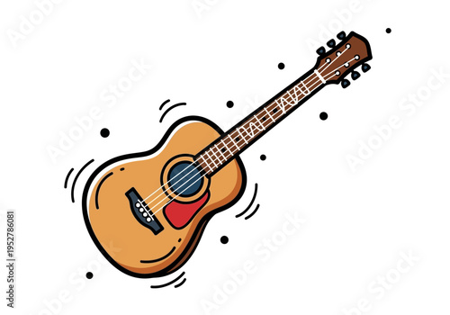 Stylized illustration of a light brown acoustic guitar angled upwards surrounded by black dots and curved motion lines