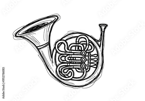 Sketch drawing of a French horn with coiled tubing and three rotary valves