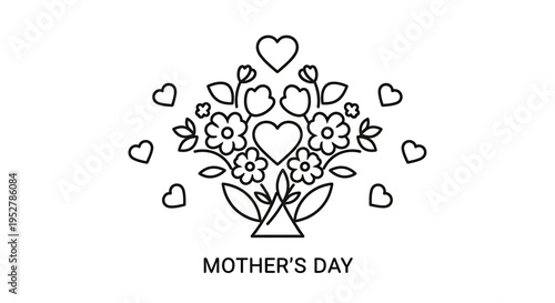 A line art illustration of a Mother's Day bouquet with flowers and hearts, celebrating maternal love.