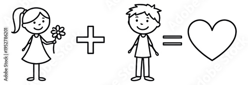 Hand drawn line art illustration of the love equation depicting a girl, boy, and heart for romantic concepts