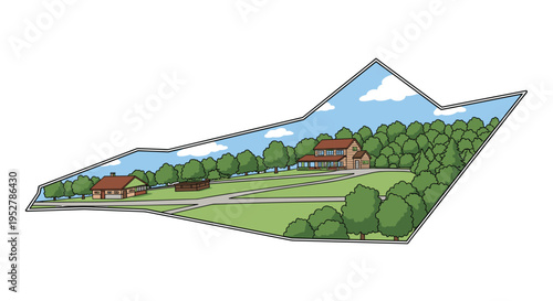 A scenic landscape with a large house and trees on a green field under a blue sky with white clouds, Generative AI.