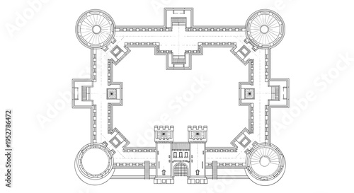 A detailed architectural floor plan with various rooms and corridors in a symmetrical layout, Generative AI.