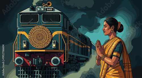 Woman in traditional indian attire standing beside a vintage train at night with a dramatic cloudy sky background, Generative AI.
