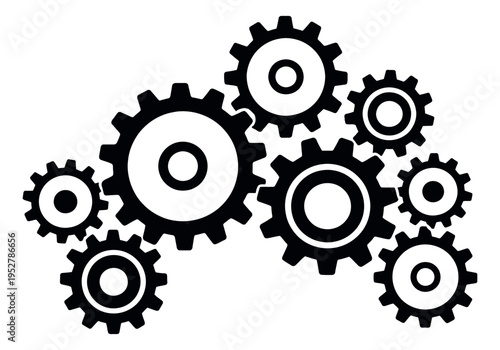 Graphic gear set featuring multiple interconnected cogwheels for teamwork and system concepts