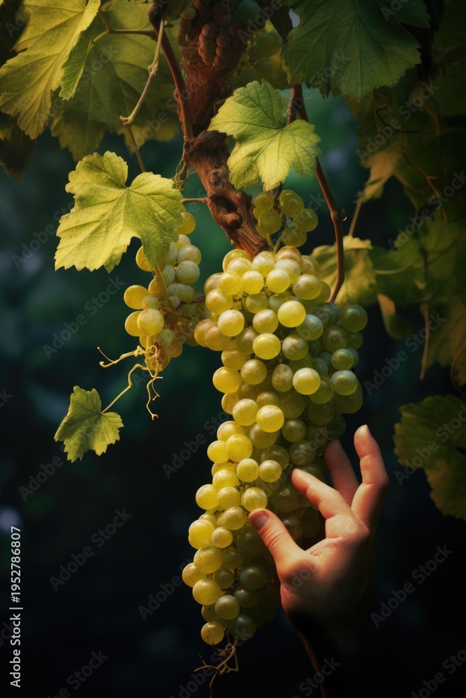 Fototapeta premium A person is holding a bunch of fresh green grapes. This image can be used to illustrate healthy eating, fruit picking, or a vineyard scene