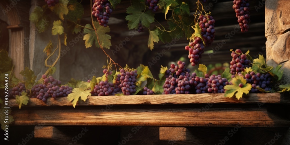 Fototapeta premium A cluster of ripe grapes hanging from a vine. This image can be used to depict the beauty of nature and the abundance of harvest