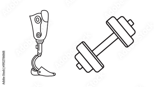 Prosthetic leg and dumbbell fitness rehabilitation healthcare line illustration