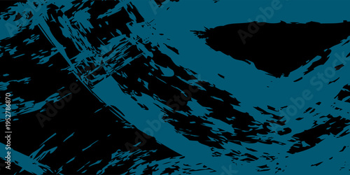 Abstract grunge brush stroke texture, bold rough paint strokes in teal blue color over deep black background, raw artistic expression