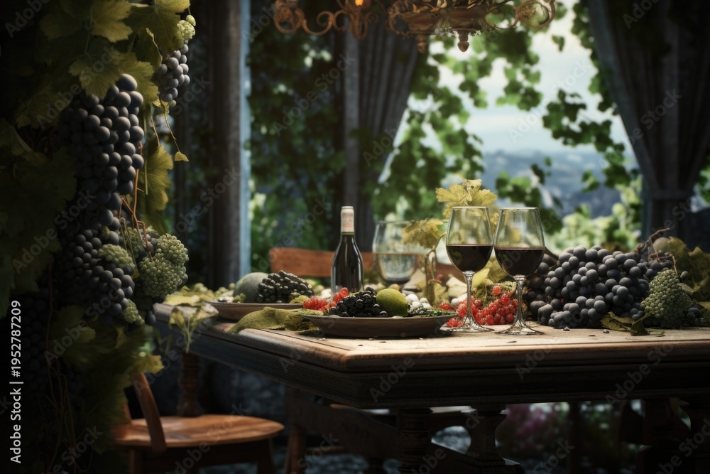 Obraz premium A picture of a table with a bunch of grapes and a bottle of wine. Suitable for wine-related articles or advertisements