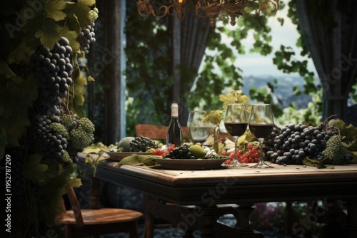 A picture of a table with a bunch of grapes and a bottle of wine. Suitable for wine-related articles or advertisements
