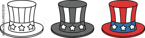 Set of three Uncle Sam top hats in line art silhouette and patriotic color vector illustration