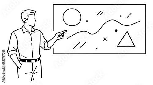 Line art illustration of a man depicting explaining abstract visuals for a business presentation
