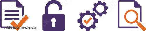 Security icons lock gear checklist magnifying glass verification symbols