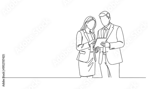 One single line drawing of two young male and female workers watching stock movements. Stockbroker concept. Modern continuous line draw design