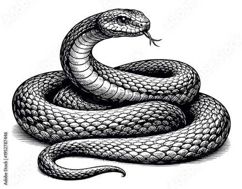 Hand drawn line art illustration of a coiled snake depicting its tongue out for design projects